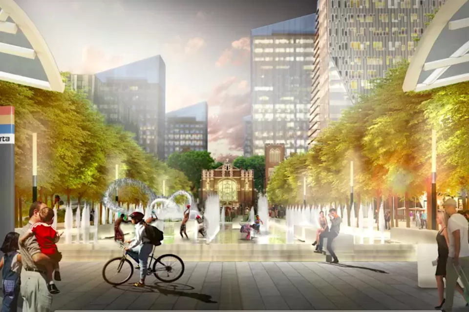 Rendering of pedestrians and cyclists in Hospital Square surrounded by buildings and trees